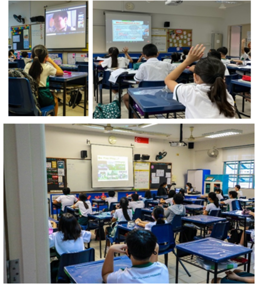 Students in school uniforms sit at desks in classrooms watching projected presentations on screens.